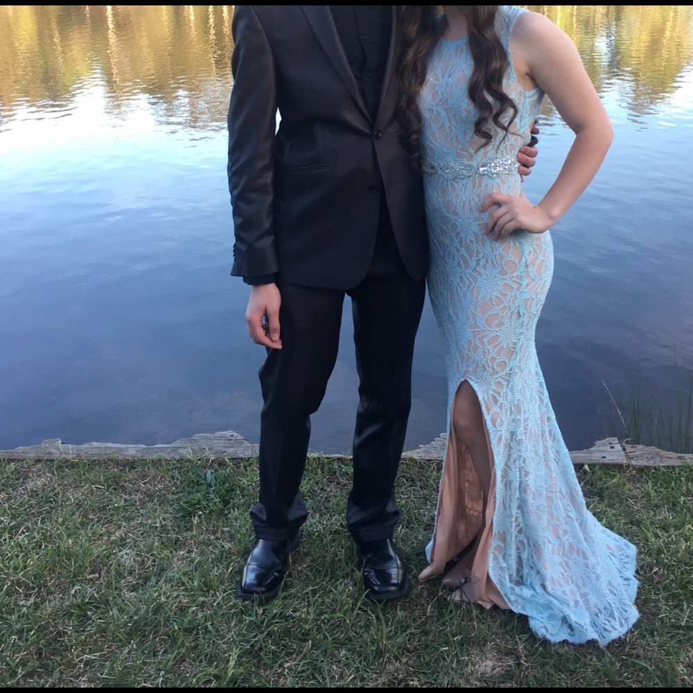 Blue lace prom dress
